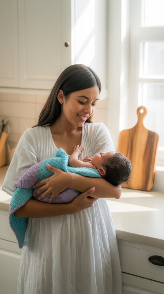 Hispanic woman holding her newborn baby in a blanket.