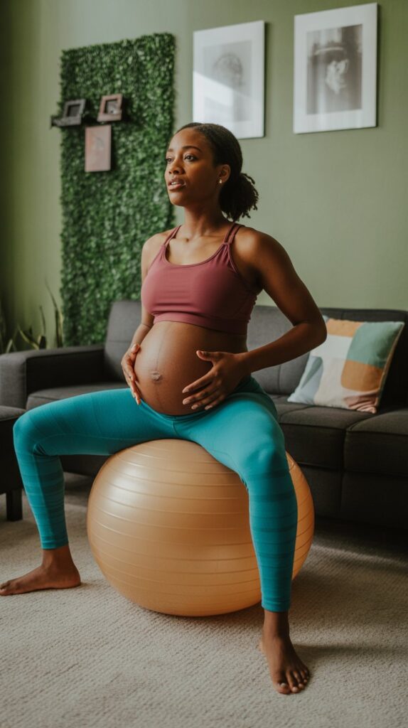 Pregnant black woman in apartment on birthing ball.